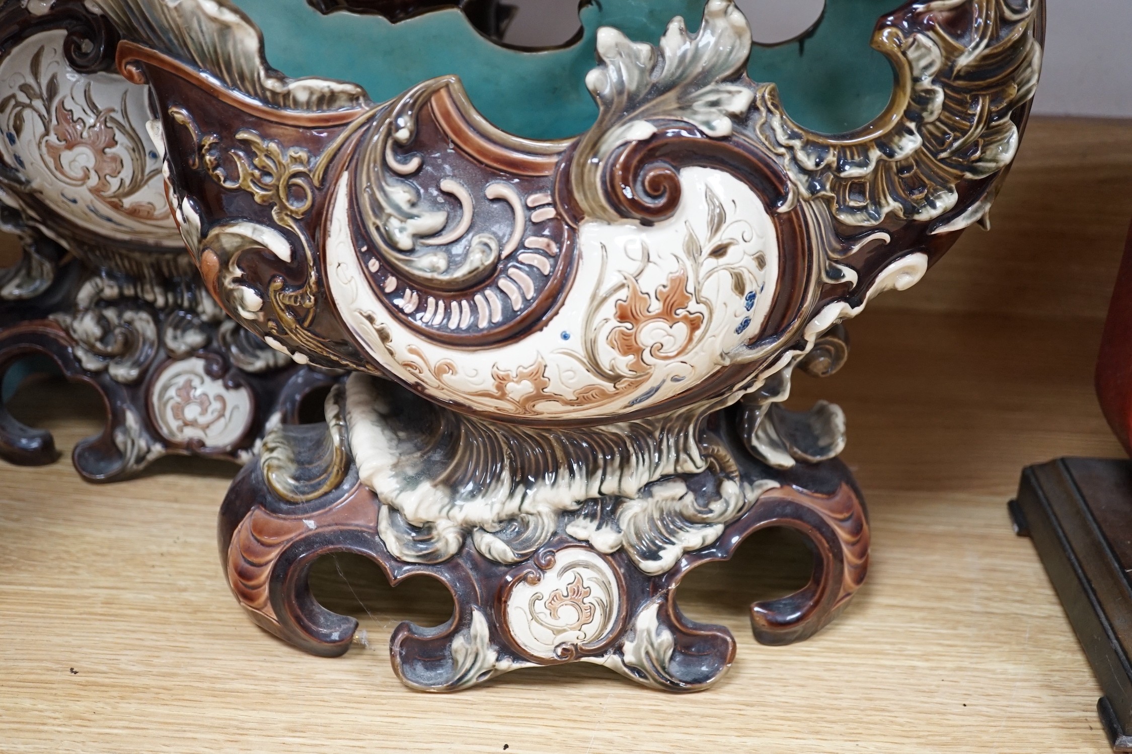 A pair of Continental majolica shell shaped vases, c.1900, 33cm